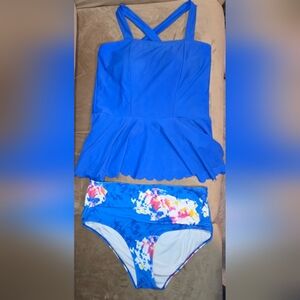 Blue Scalloped Swim Dress Tankini Top + Floral High Waisted Bottoms Set XXL